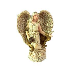 VTG. Ceramic Angel Figurine Gold White Glitter Floral Beautiful Collectible 4.5"